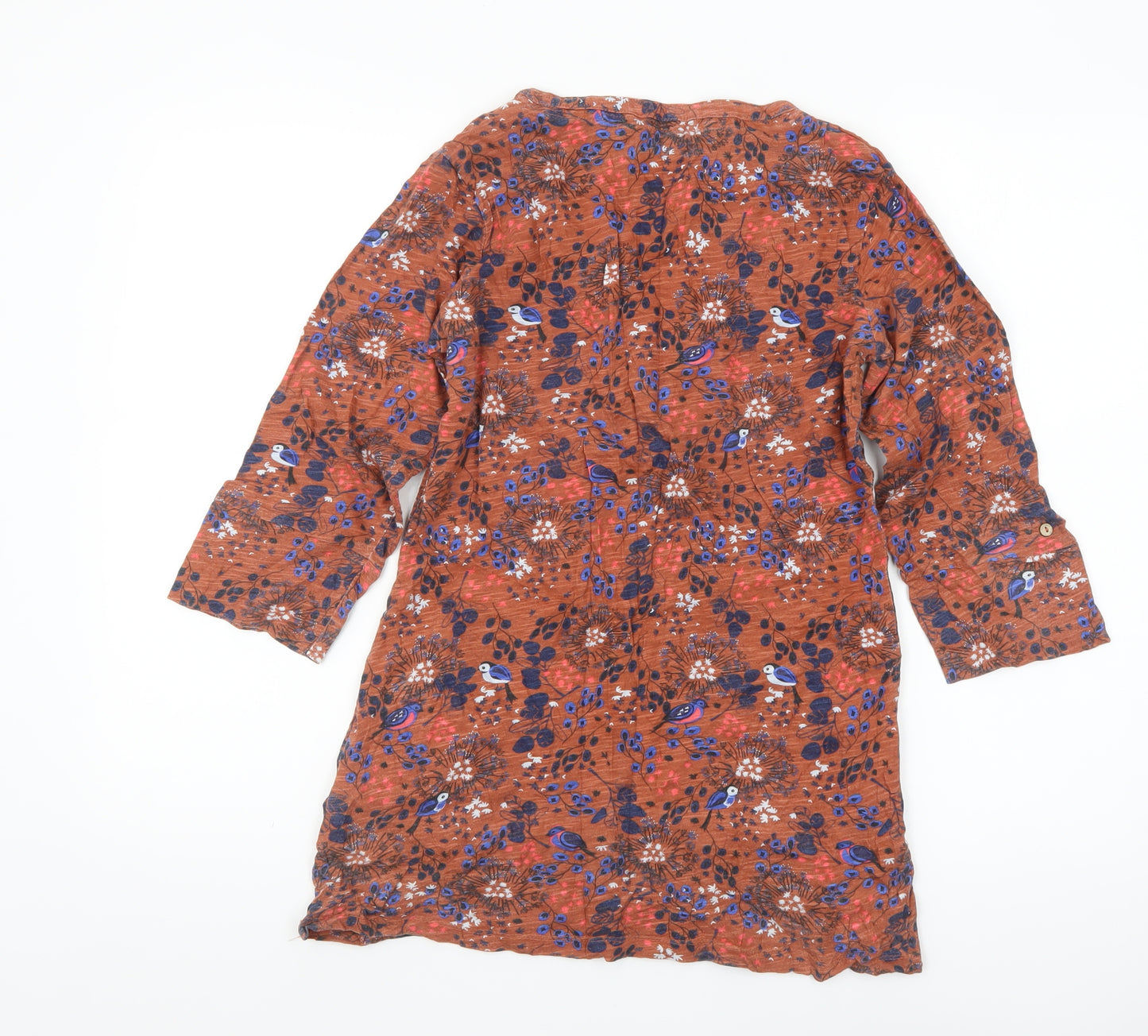 Mantaray Womens Brown Floral Tunic Blouse Size 8 V-Neck Cotton Top