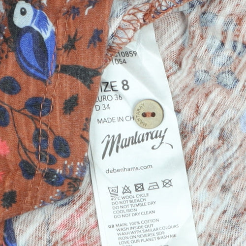 Mantaray Womens Brown Floral Tunic Blouse Size 8 V-Neck Cotton Top