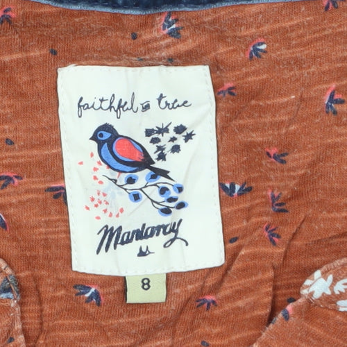 Mantaray Womens Brown Floral Tunic Blouse Size 8 V-Neck Cotton Top