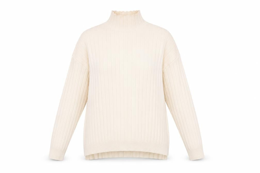 Front view of TESE Collection Women's Ivory High Neck Ribbed Knit Jumper S