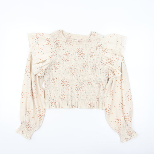 Urban Bliss Women's Beige Polka Dot Ruffle Long Sleeve Cropped Blouse Size 16
