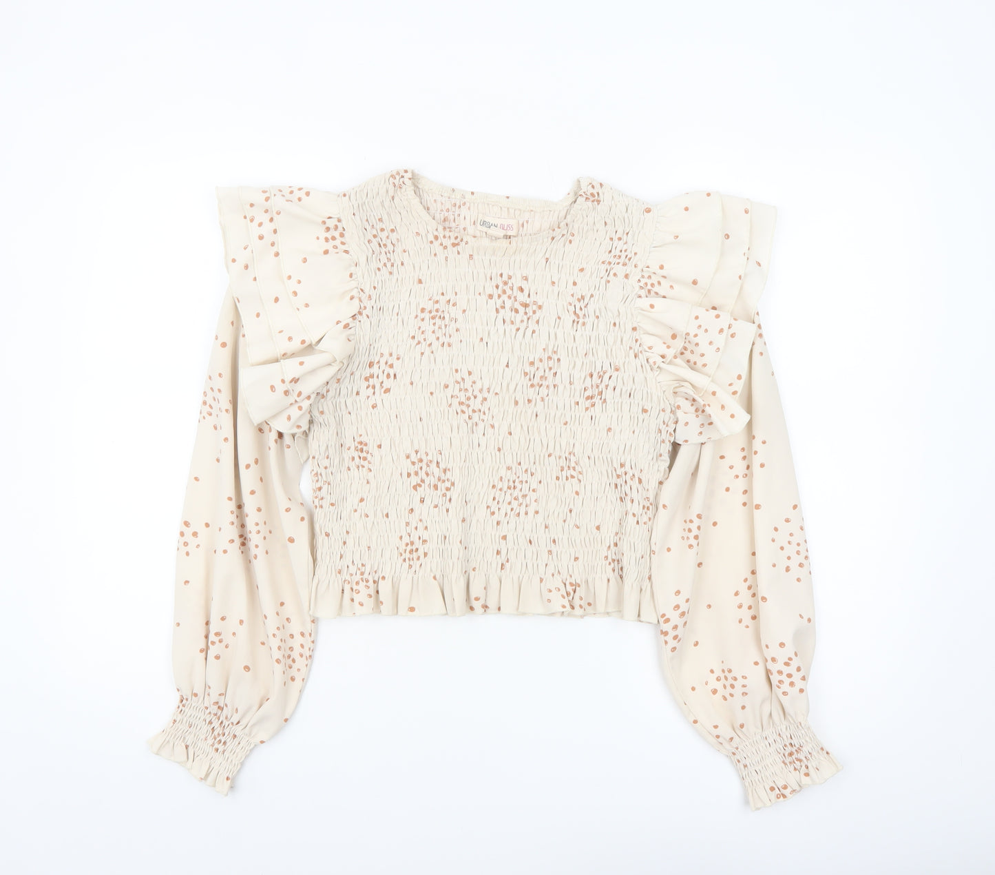 Urban Bliss Women's Beige Polka Dot Ruffle Long Sleeve Cropped Blouse Size 16