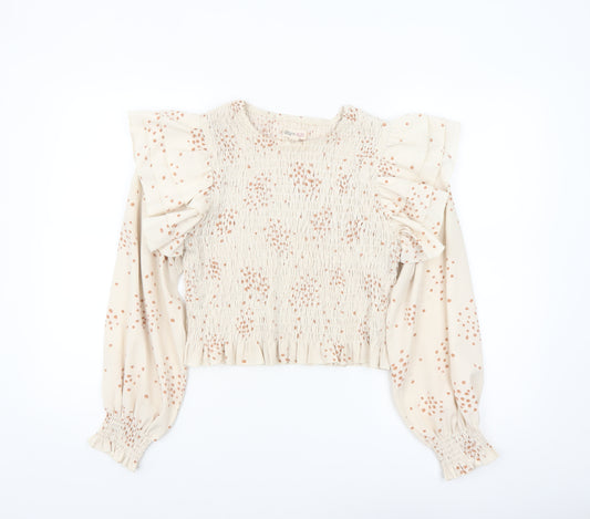Urban Bliss Women's Beige Polka Dot Ruffle Long Sleeve Cropped Blouse Size 16