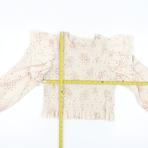 Urban Bliss Women's Beige Polka Dot Ruffle Long Sleeve Cropped Blouse Size 16