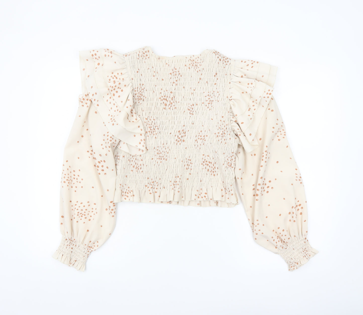 Urban Bliss Women's Beige Polka Dot Ruffle Long Sleeve Cropped Blouse Size 16