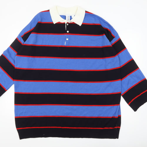 Collusion Men's Blue Striped Collared Henley Jumper Size M