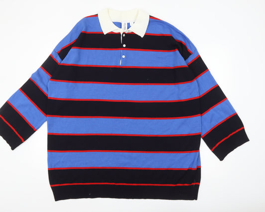 Collusion Men's Blue Striped Collared Henley Jumper Size M