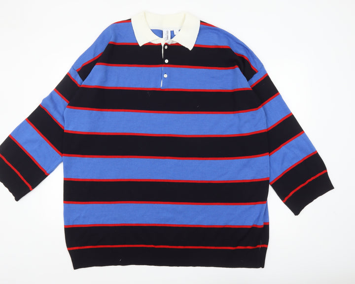 Collusion Men's Blue Striped Collared Henley Jumper Size M