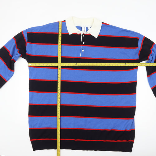 Collusion Men's Blue Striped Collared Henley Jumper Size M
