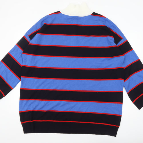 Collusion Men's Blue Striped Collared Henley Jumper Size M