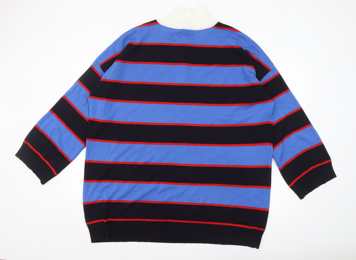 Collusion Men's Blue Striped Collared Henley Jumper Size M