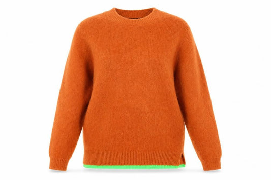 Front view of Collusion women’s brown crew neck acrylic knit jumper, size S