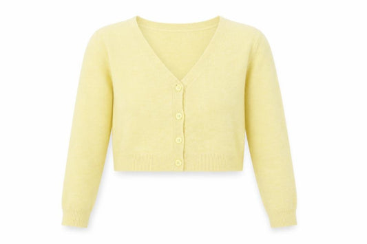 Front view of Collusion Women's Yellow V-Neck Button Cardigan Jumper, size 10