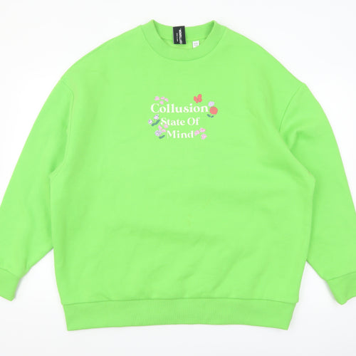 Collusion Women's Green Pullover Sweatshirt UK 12 Graphic Print Crew Neck