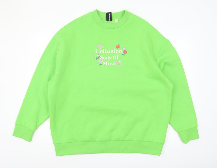 Collusion Women's Green Pullover Sweatshirt UK 12 Graphic Print Crew Neck