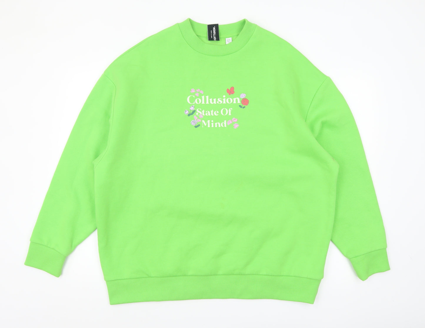 Collusion Women's Green Pullover Sweatshirt UK 12 Graphic Print Crew Neck