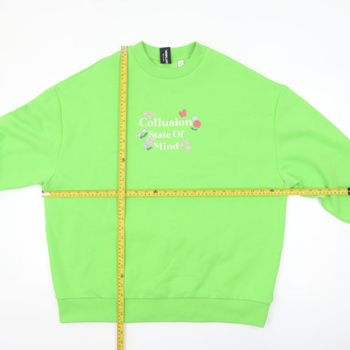 Collusion Women's Green Pullover Sweatshirt UK 12 Graphic Print Crew Neck