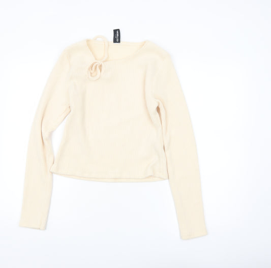 Collusion Women’s Beige Ribbed Cropped Long Sleeve Top Size M