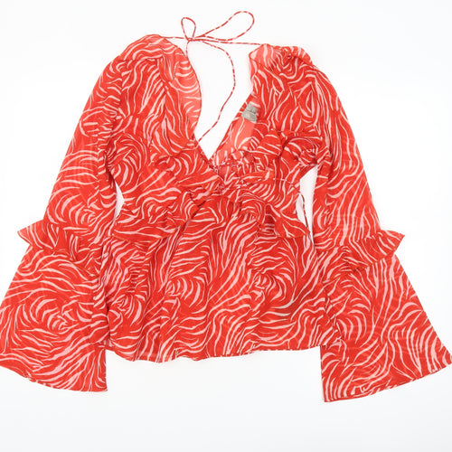 ASOS Women's Red Animal Print Wrap Blouse Size 8 Long Bell Sleeve