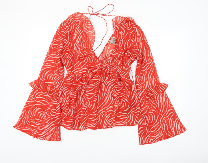 ASOS Women's Red Animal Print Wrap Blouse Size 8 Long Bell Sleeve