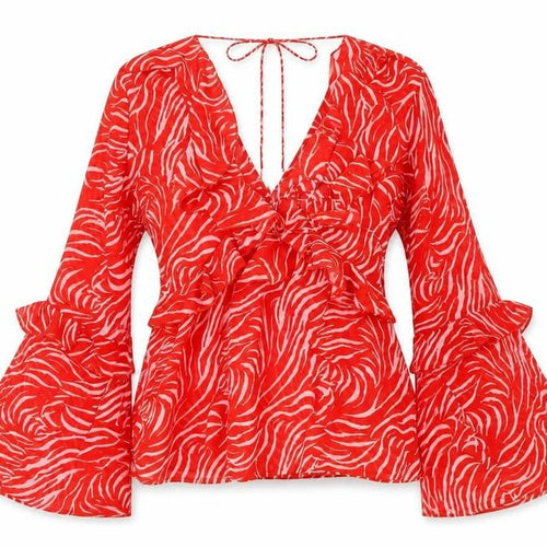 ASOS Women's Red Animal Print Wrap Blouse Size 8 Long Bell Sleeve