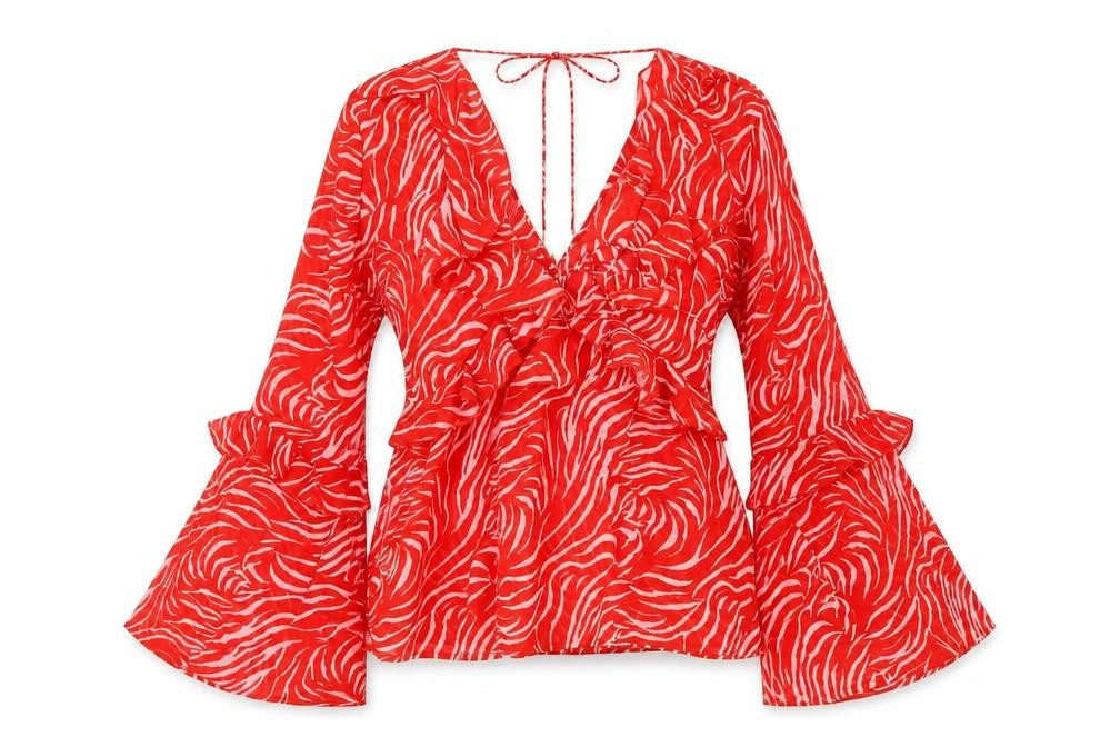 ASOS Women's Red Animal Print Wrap Blouse Size 8 Long Bell Sleeve