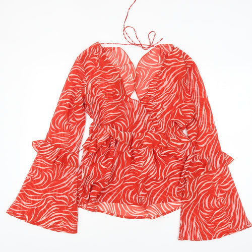 ASOS Women's Red Animal Print Wrap Blouse Size 8 Long Bell Sleeve