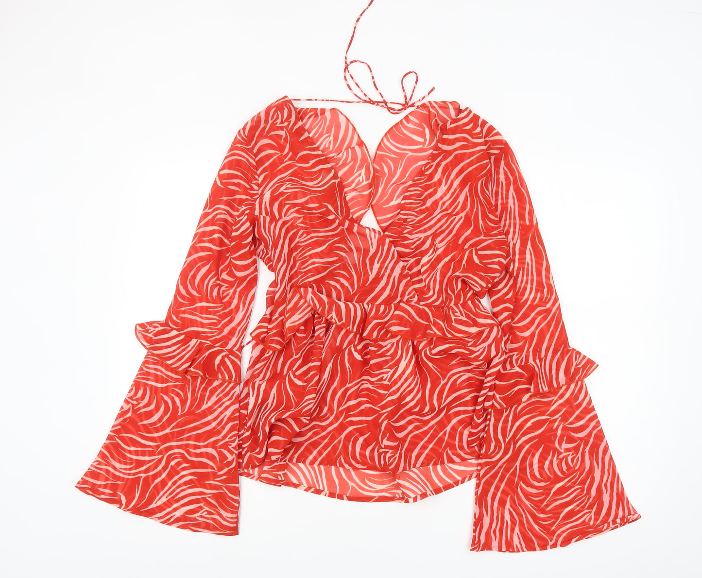 ASOS Women's Red Animal Print Wrap Blouse Size 8 Long Bell Sleeve