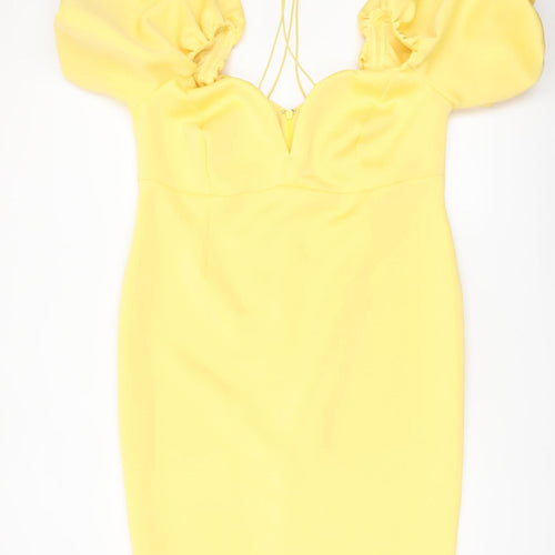ASOS Women Yellow Puff Sleeve Bodycon Dress UK 10 Midi Party Style