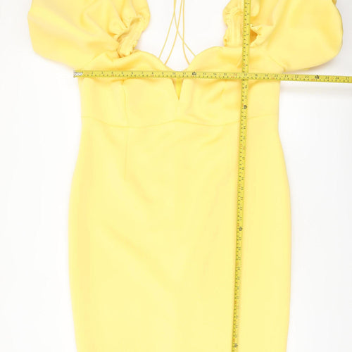 ASOS Women Yellow Puff Sleeve Bodycon Dress UK 10 Midi Party Style