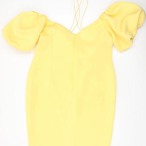 ASOS Women Yellow Puff Sleeve Bodycon Dress UK 10 Midi Party Style