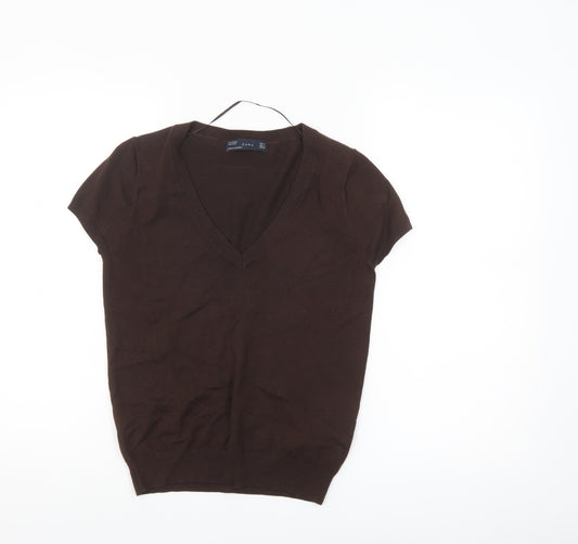 ZARA Women Brown V-Neck Short Sleeve Knit Jumper Size 12