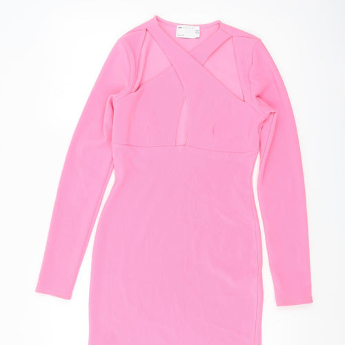 ASOS Women’s Pink Bodycon Mini Dress Size 10 Long Sleeve V-Neck