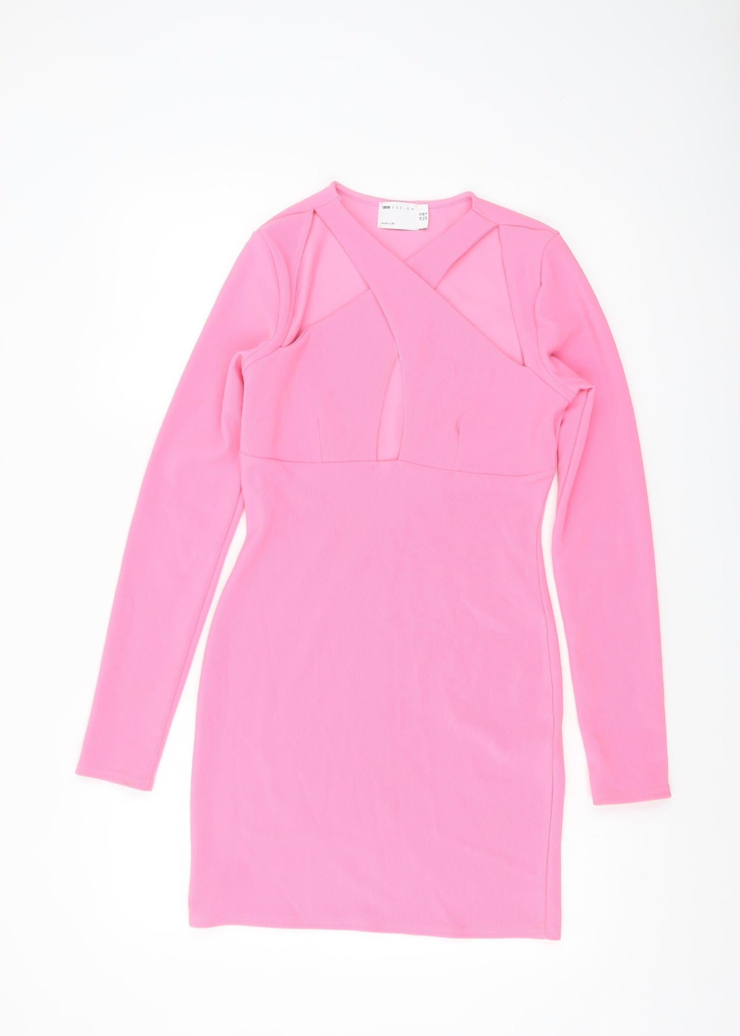ASOS Women’s Pink Bodycon Mini Dress Size 10 Long Sleeve V-Neck