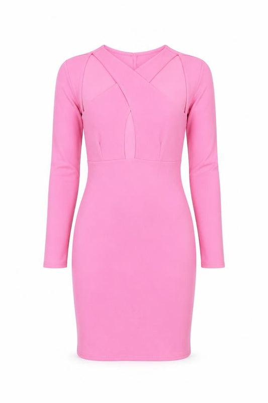 Front view of ASOS Women’s Pink Bodycon Mini Dress, size UK 10, Long Sleeve V-Neck