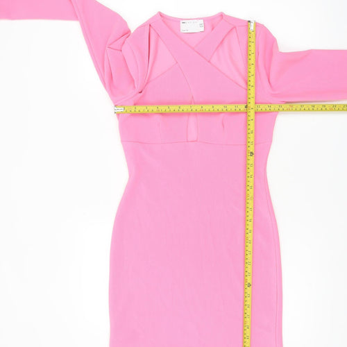 ASOS Women’s Pink Bodycon Mini Dress Size 10 Long Sleeve V-Neck
