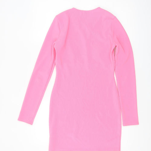 ASOS Women’s Pink Bodycon Mini Dress Size 10 Long Sleeve V-Neck