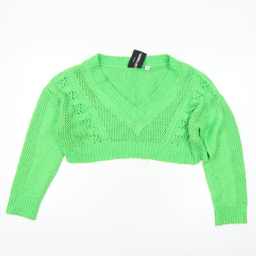 Collusion Womens Green V-Neck Cropped Jumper UK 16 Knit Acrylic Blend
