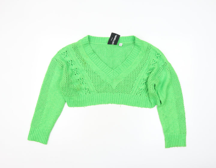 Collusion Womens Green V-Neck Cropped Jumper UK 16 Knit Acrylic Blend