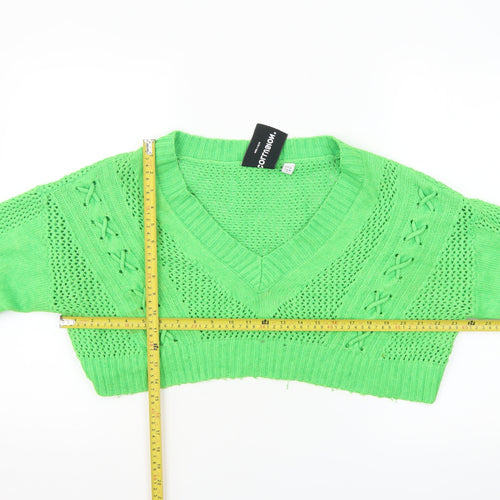Collusion Womens Green V-Neck Cropped Jumper UK 16 Knit Acrylic Blend