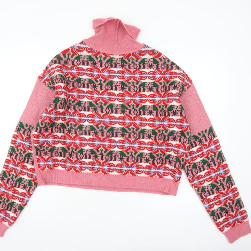 ASOS Womens Pink Fair Isle Roll Neck Jumper Size 10 Winter Knit