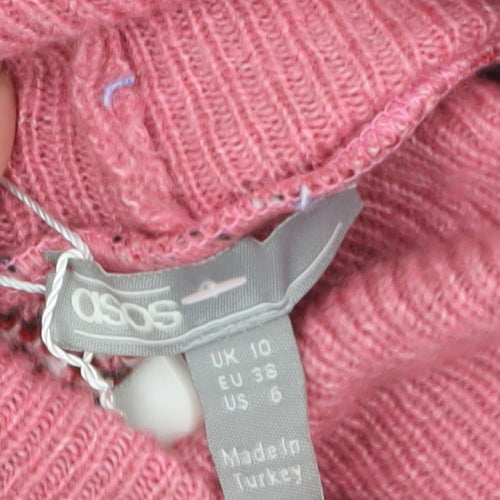 ASOS Womens Pink Fair Isle Roll Neck Jumper Size 10 Winter Knit