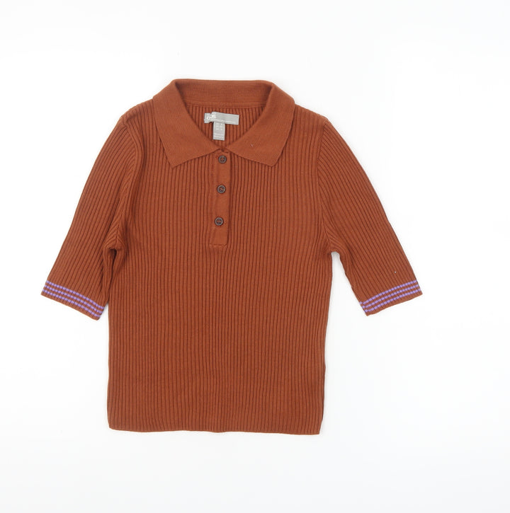 ASOS Women Brown Ribbed Henley Jumper Size 8 Acrylic Knit