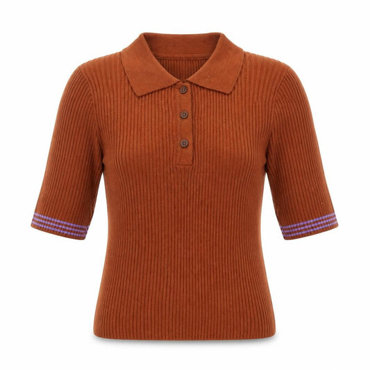 Front view of ASOS Women Brown Ribbed Henley Jumper, size 8, Acrylic Knit