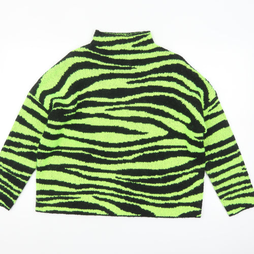 Collusion Women Green Black Zebra Knit Jumper UK 6 Acrylic High Neck