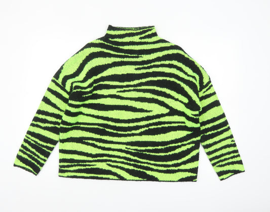 Collusion Women Green Black Zebra Knit Jumper UK 6 Acrylic High Neck