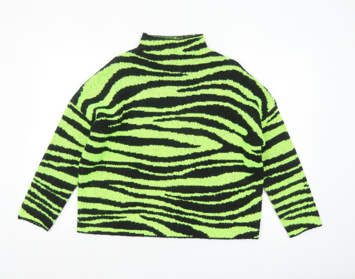 Collusion Women Green Black Zebra Knit Jumper UK 6 Acrylic High Neck