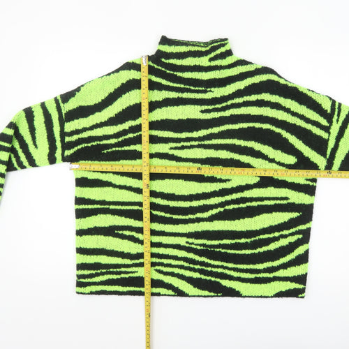 Collusion Women Green Black Zebra Knit Jumper UK 6 Acrylic High Neck