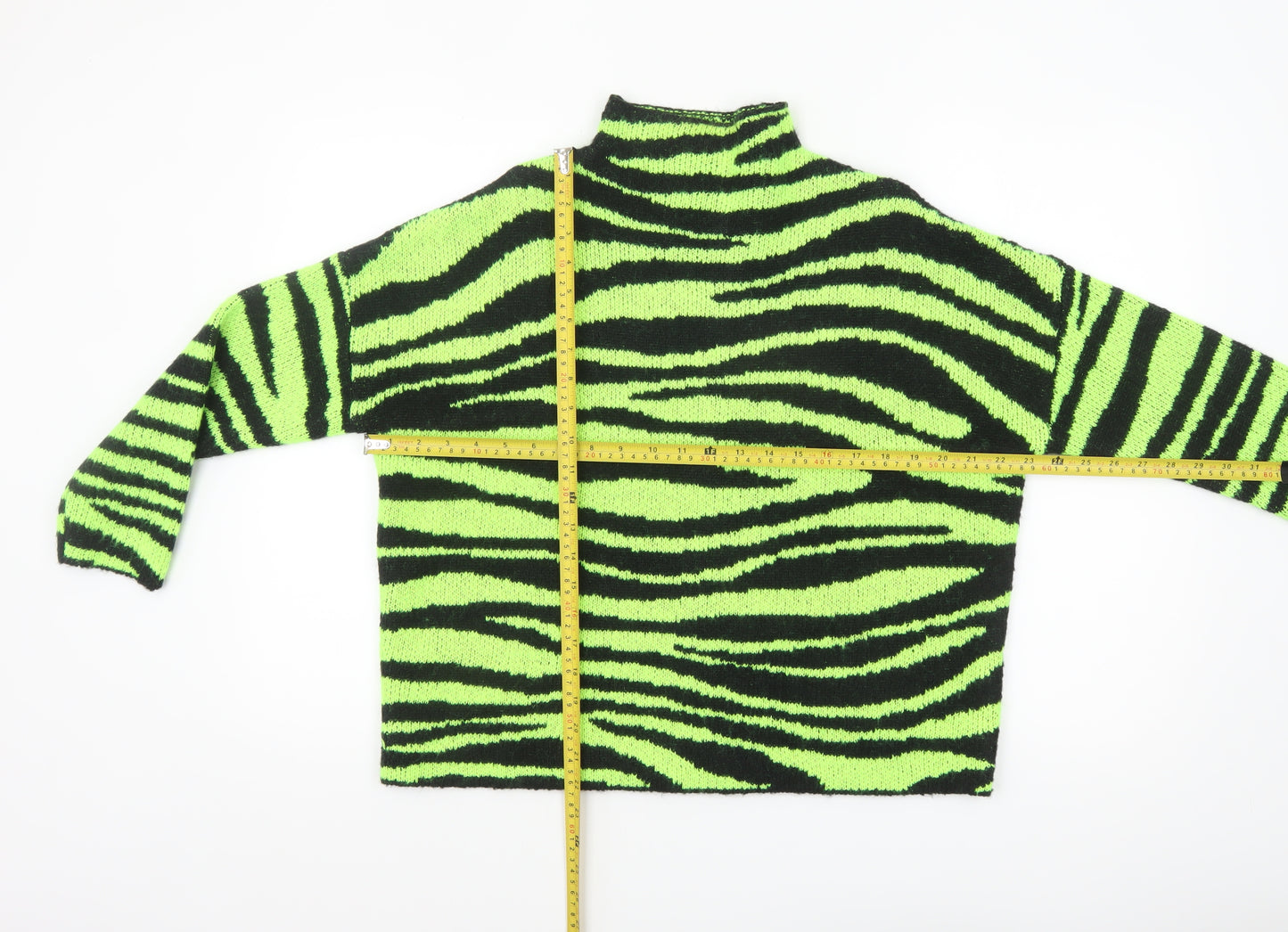 Collusion Women Green Black Zebra Knit Jumper UK 6 Acrylic High Neck