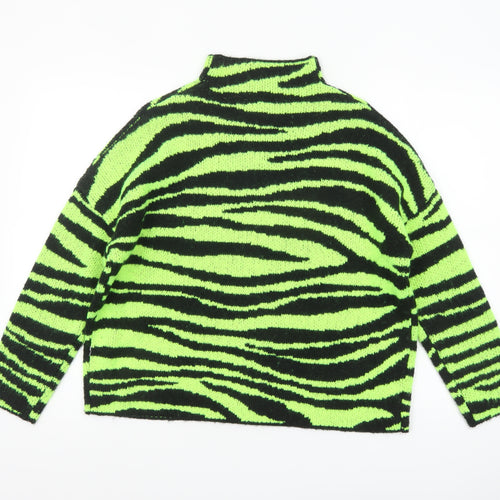 Collusion Women Green Black Zebra Knit Jumper UK 6 Acrylic High Neck